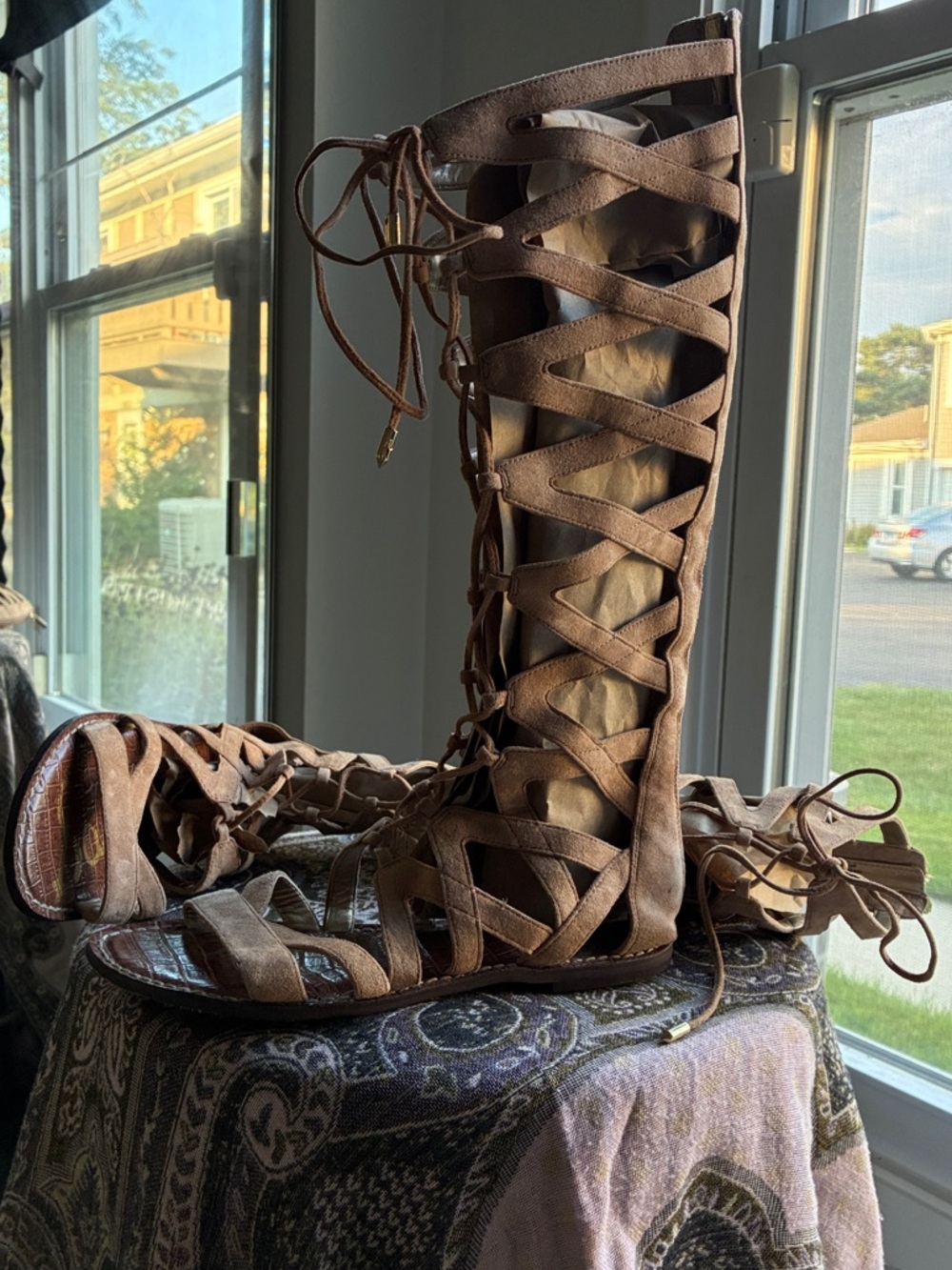 Brown Gladiator Lace-Up Knee-High Sandals